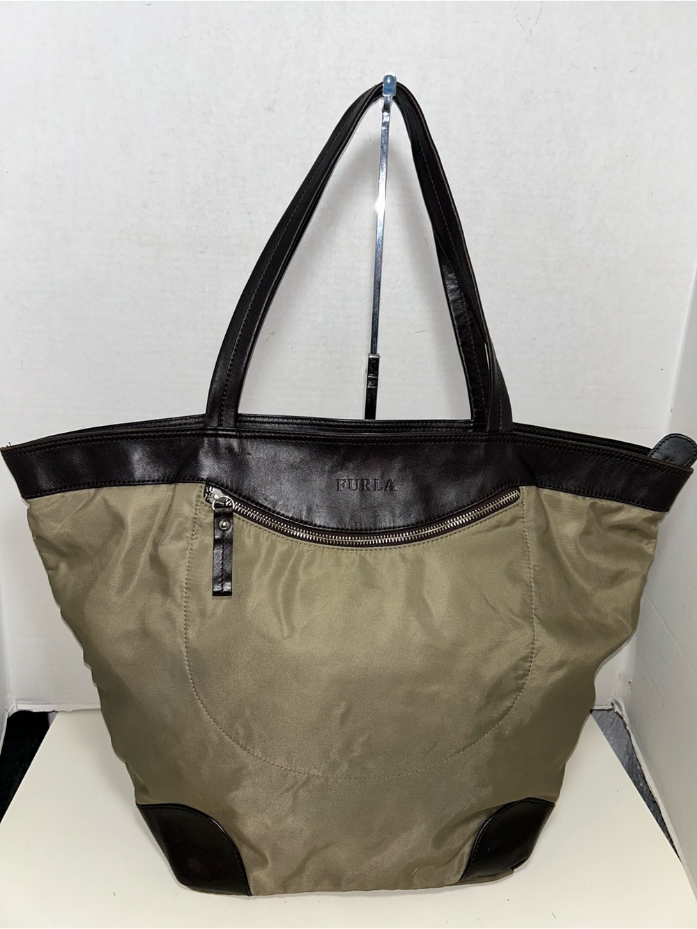 Furla Brown Leather Nylon Zip Tote Bag Shoulder Bag
